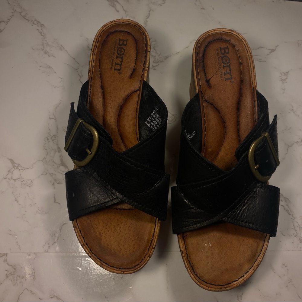 Born Black Leather Clogs with Brass Buckle
